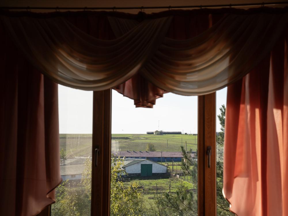 Livestock and winemaking facilities viewed through a window in Frumushika-Nova, Ukraine, on Oct. 25, 2024. The complex,  made up of a hotel, restaurant, statue garden, winery and conference center, was created by Oleksandr Palariev, a winemaker, naturist and entrepreneur.