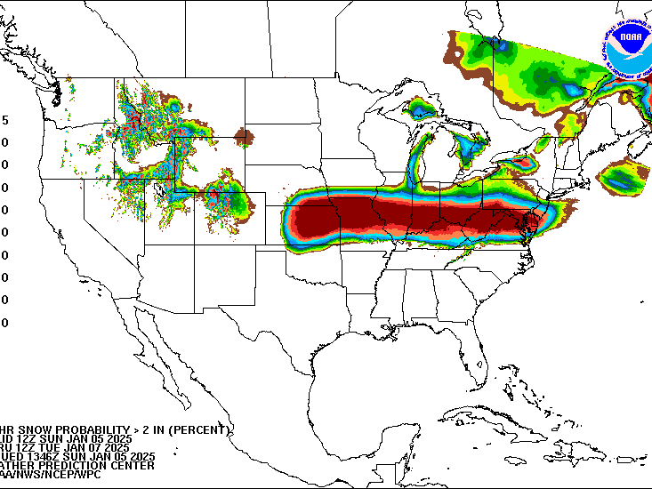 A map by NOAA showing possible snow accumulations Sunday through Tuesday.