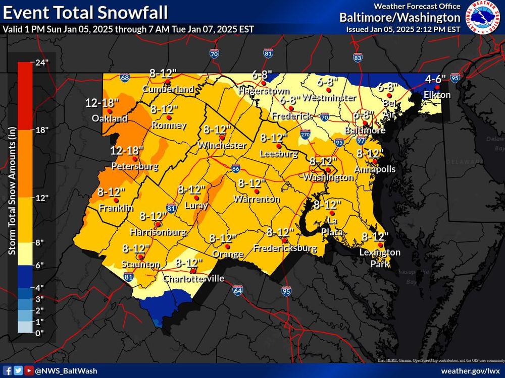 A prediction of snowfall totals in the Washington, D.C., and Baltimore region.