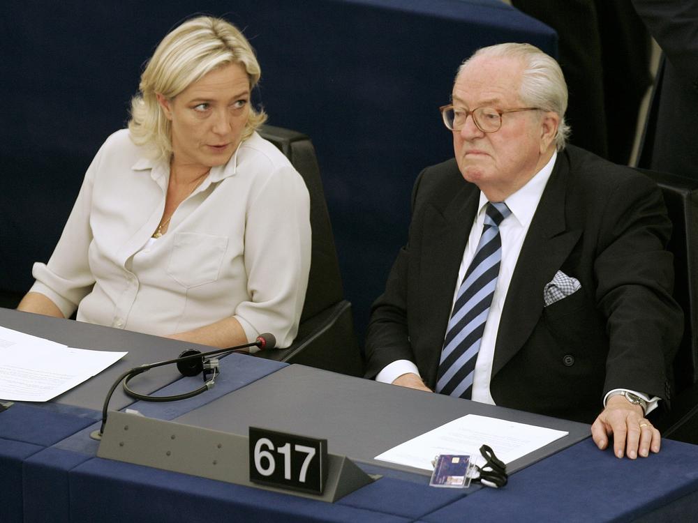 Jean-Marie Le Pen and his daughter Marine Le Pen sit at the European Parliament in Strasbourg in 2009.