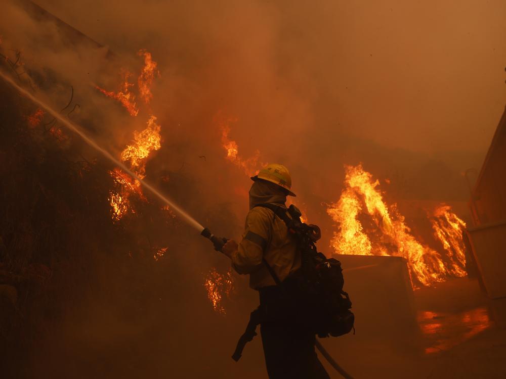 A firefighter battles the advancing Palisades Fire around a structure in the Pacific Palisades neighborhood of Los Angeles .