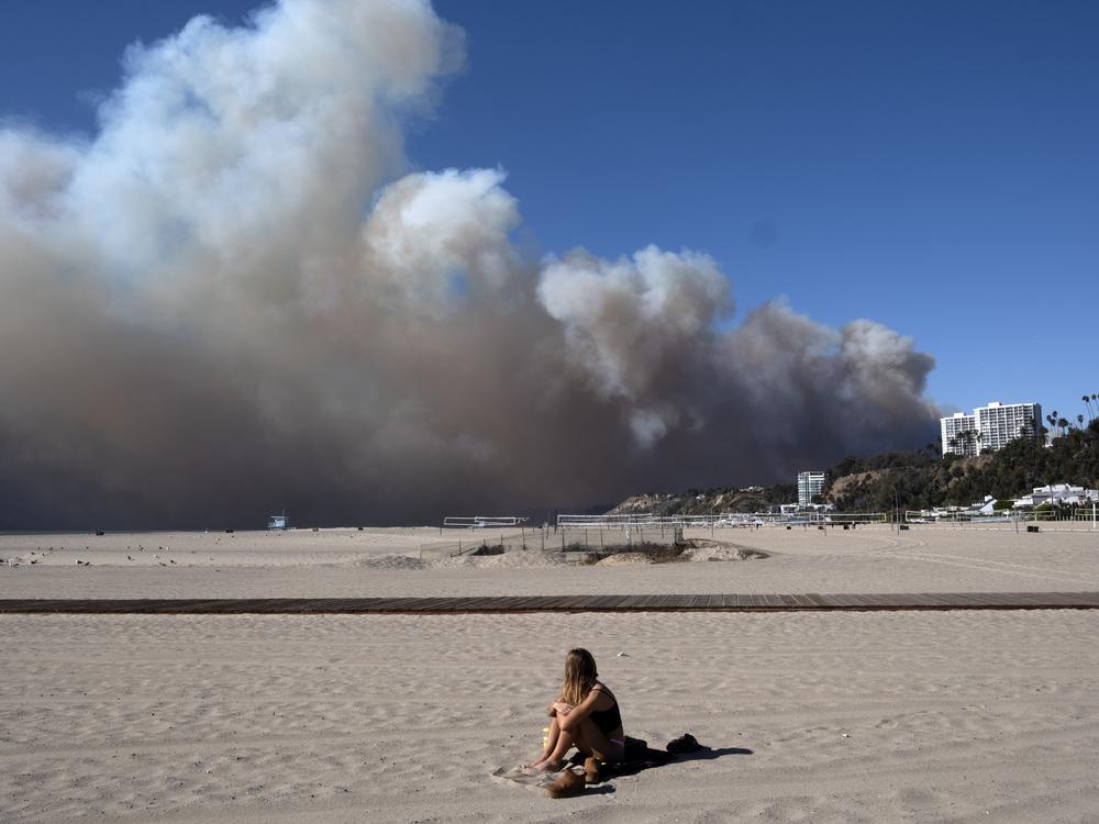 A lone sunbather sits and watches a large plume of smoke from a wildfire rise over the Pacific Palisades, in Santa Monica, Calif..
