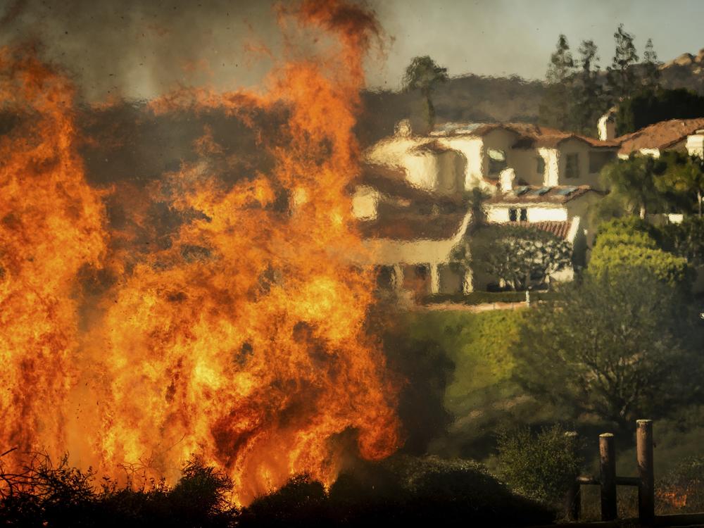 Flames rise as the Palisades Fire advances on homes in the Pacific Palisades neighborhood of Los Angeles.