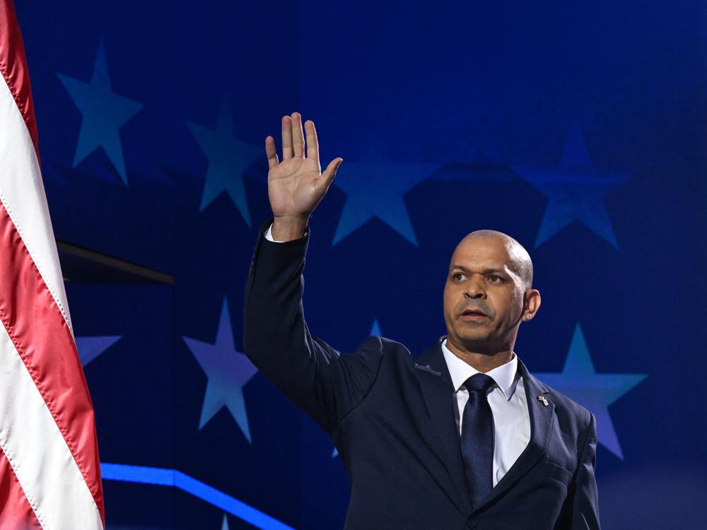 Gonell waves on stage on the third day of the Democratic National Convention at the United Center in Chicago on Aug. 21, 2024.