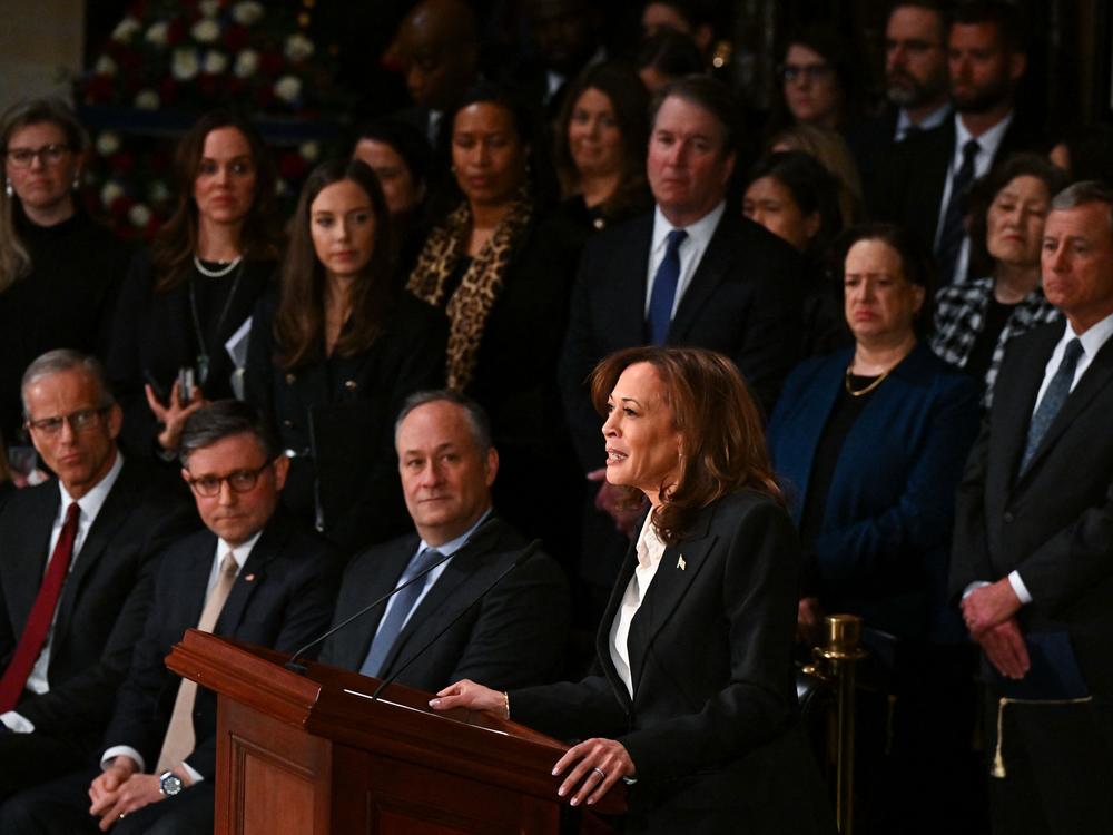 Vice President Harris delivers a eulogy at the Lying in State Ceremony for former President Jimmy Carter at the Capitol Rotunda in Washington, D.C., on Jan. 7.