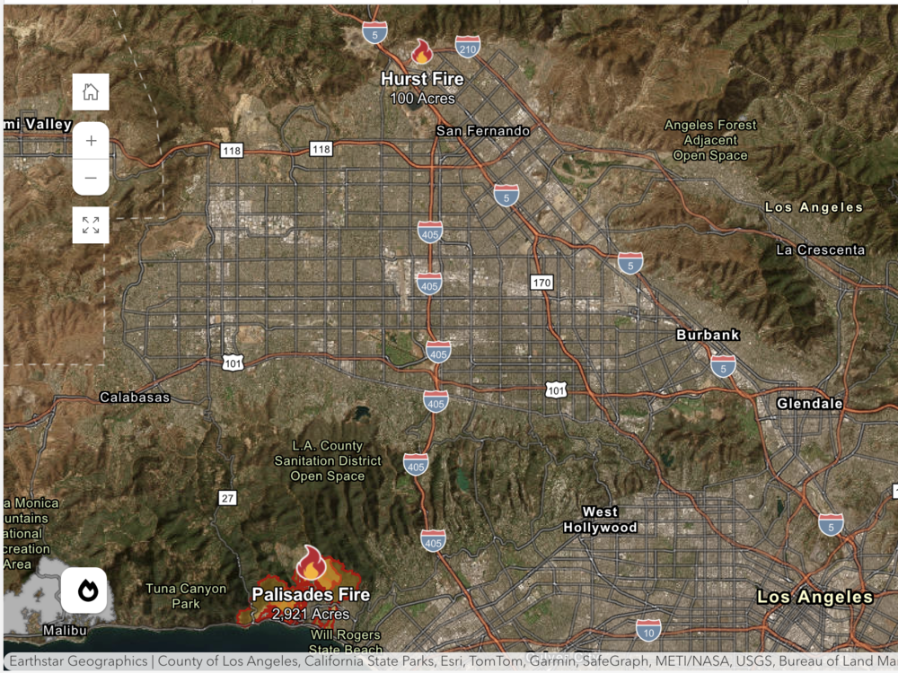 A screenshot from Cal Fire as of 3:53 a.m. Eastern on Wednesday shows the location of three fires burning in southern California: Palisades, Eaton and Hurst.