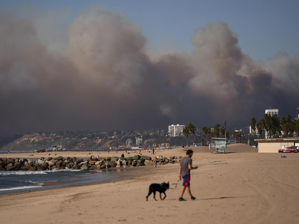 Smoke from a wildfire blankets the sky above Venice Beach in Los Angeles. Air quality in the region is unhealthy because of several wildfires.