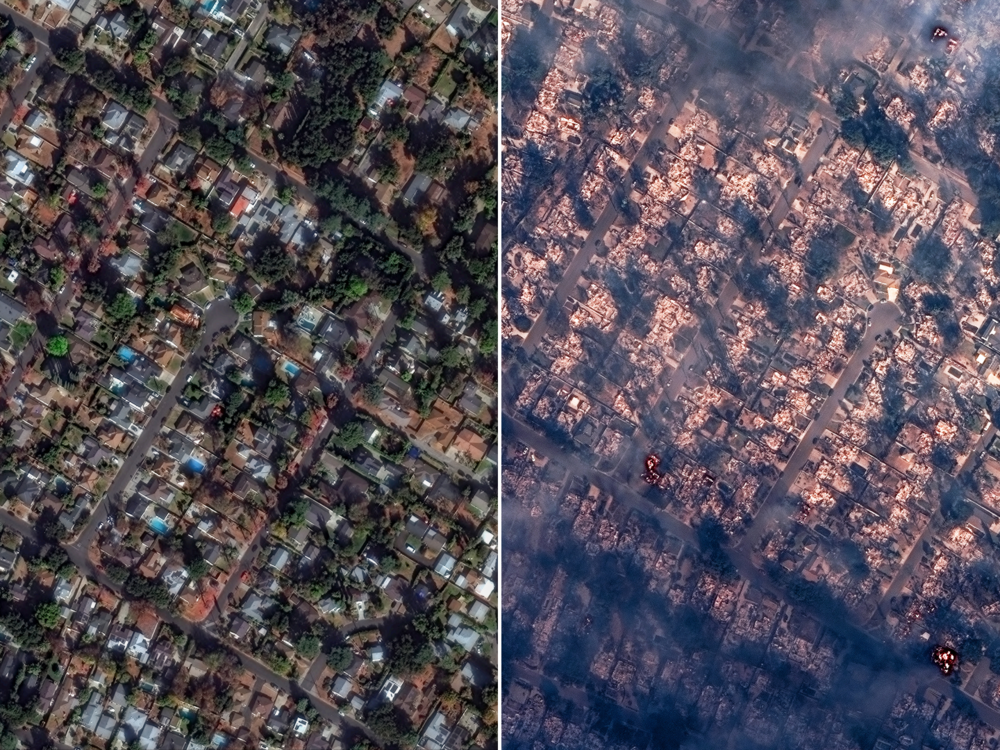 Wed., Jan. 8: Before/after view of burning and destroyed houses near Marathon Road in Altadena, Calif.