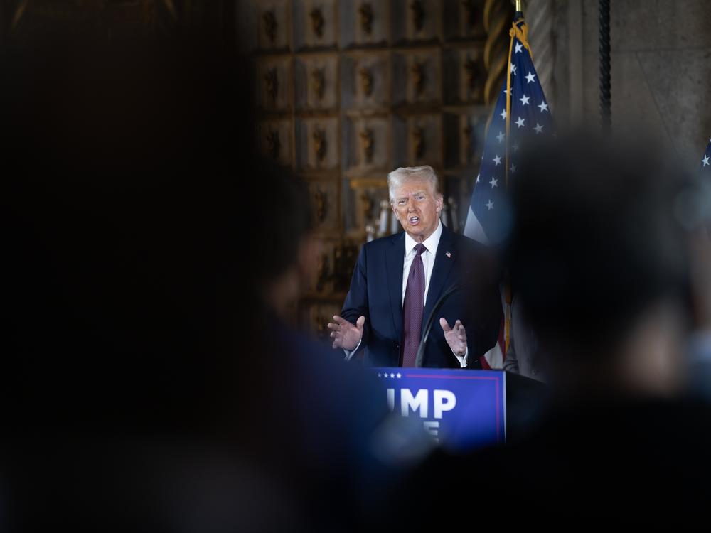 President-elect Donald Trump speaks to members of the media during a press conference at the Mar-a-Lago Club on Jan. 7 in Palm Beach, Fla. Trump will be sworn in as the 47th president of the United States on Jan. 20.