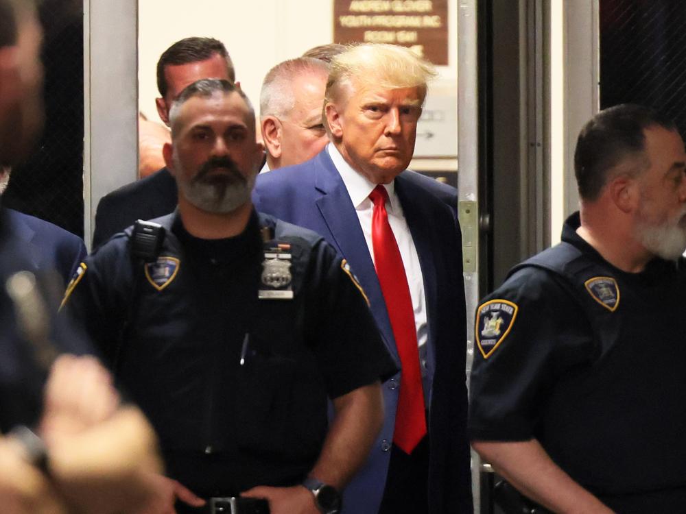Donald Trump, now president-elect, arrives for an arraignment hearing at NYS Supreme Court in April 2023 in New York City.