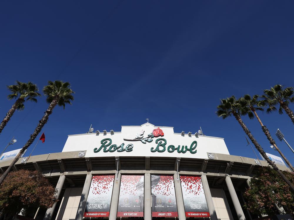 The Rose Bowl stadium in Pasadena, pictured last week ahead of the College Football Playoff quarterfinal game between Ohio State and Oregon. The stadium is now under evacuation warning.