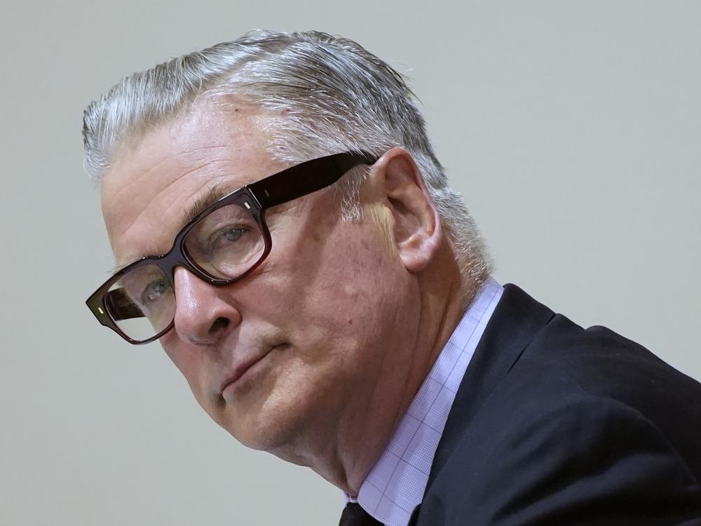 Actor Alec Baldwin is shown attending his trial for involuntary manslaughter for the 2021 fatal shooting of cinematographer Halyna Hutchins during filming of the Western movie <em>Rust</em> on July 12, 2024, at Santa Fe County District Court in Santa Fe, N.M.