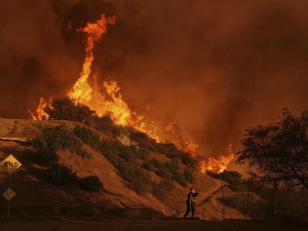 A firefighter battles the Palisades Fire in Mandeville Canyon, north of the Brentwood neighborhood, on Saturday in Los Angeles.
