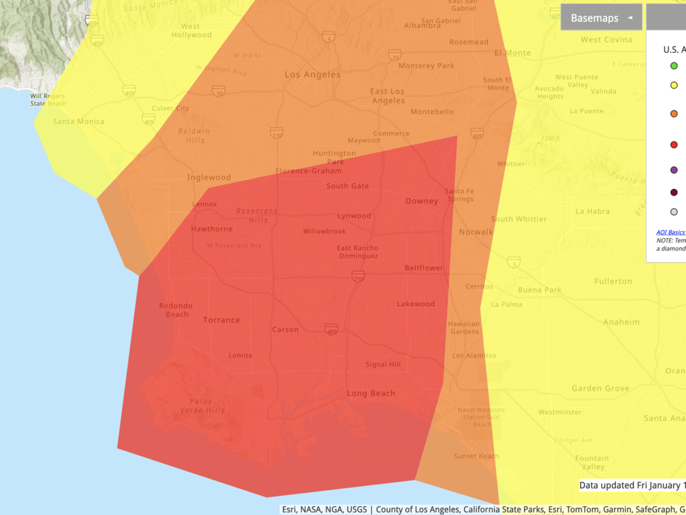 An air quality map shows a large part of the Los Angeles metro area with 