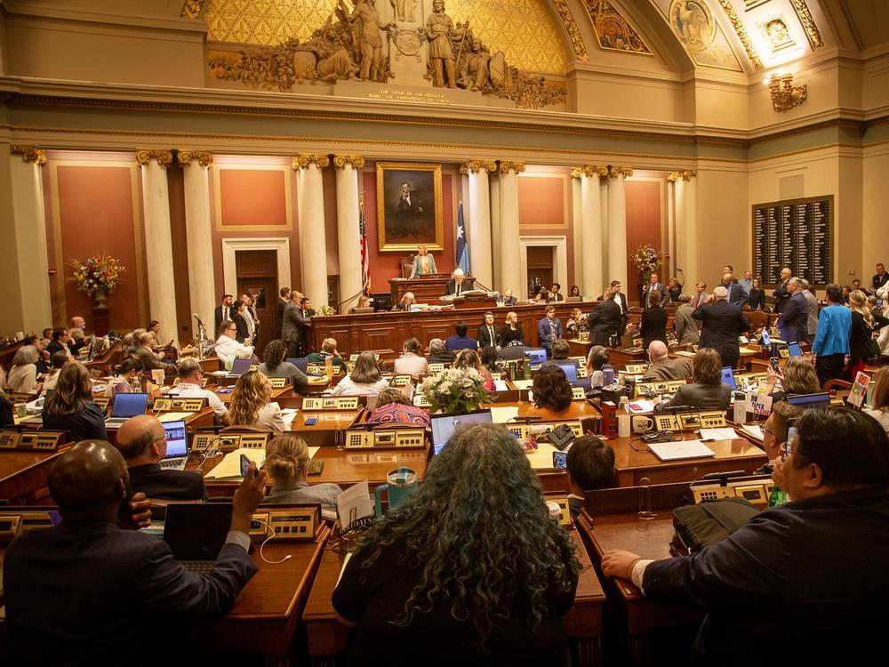 Members of the Republican caucus stood on the House floor on the final day of the 2024 legislative session in Minnesota. The Legislature ran right up to its midnight deadline on May 19, with a shouting fest.