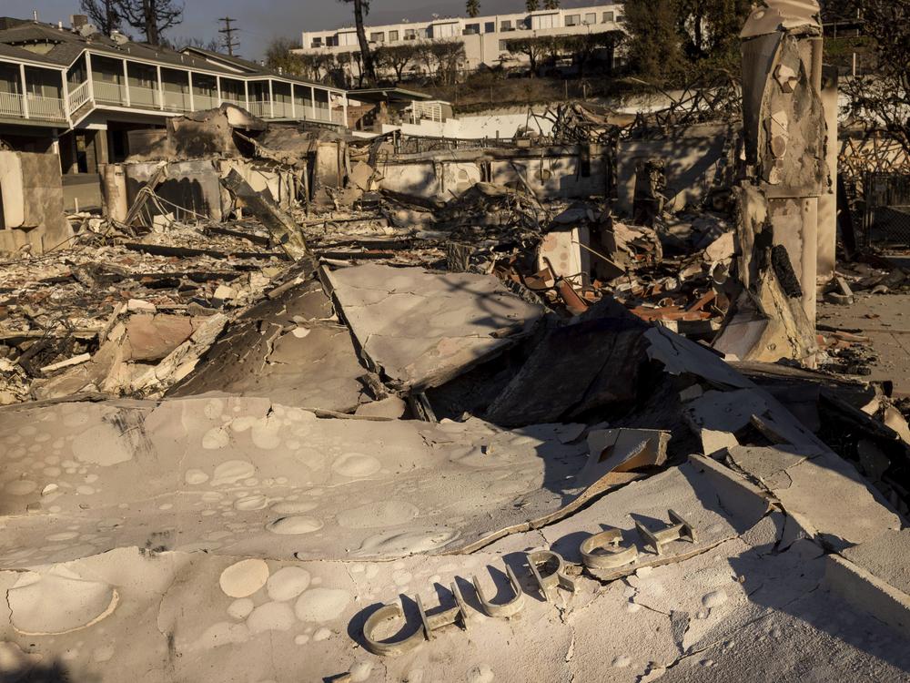 The Altadena Community Church is left damaged by the Eaton Fire on Sunday in Altadena, Calif.