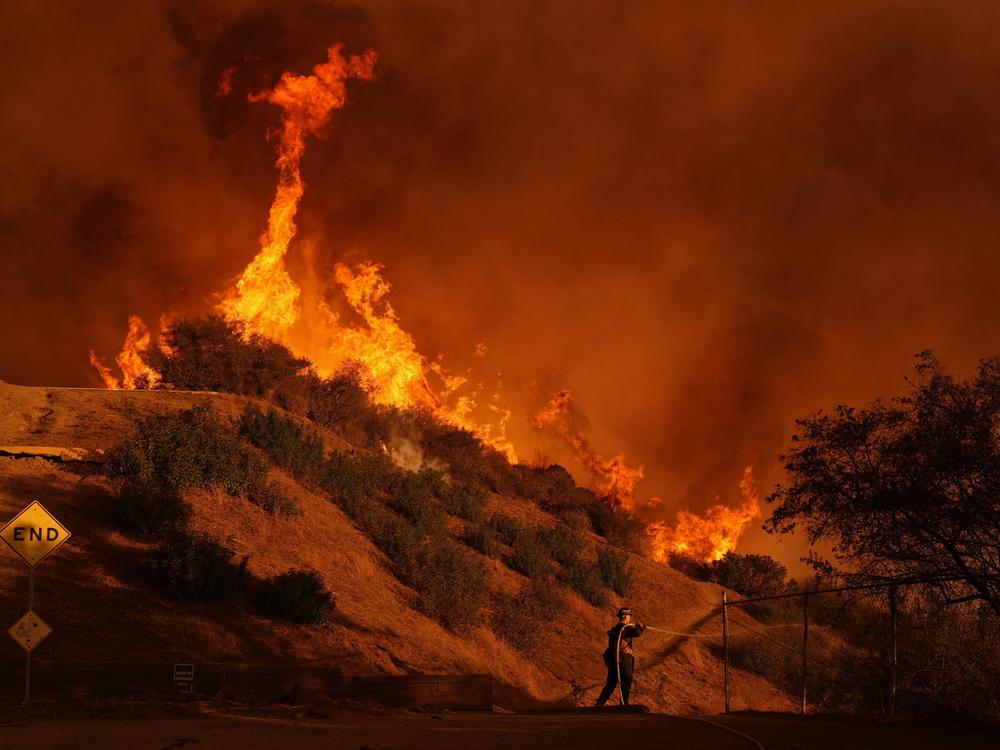 Saturday, Jan. 11: A firefighter battles the Palisades Fire in Mandeville Canyon in Los Angeles.