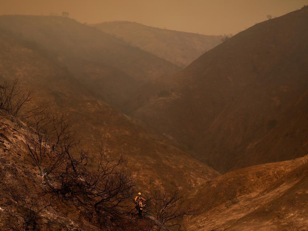 Saturday, Jan. 11: Firefighters stand in a fire-ravaged zone while battling the Palisades Fire in Mandeville Canyon in Los Angeles.
