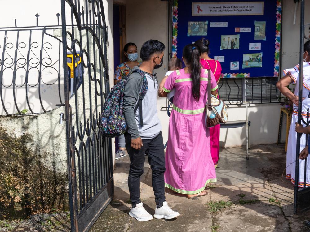 People wait in line at the San Felix HIV clinic, near the Pacific Coast. The clinic offers both diagnosis and treatment for HIV. Many of those who come are from the Indigenous community.