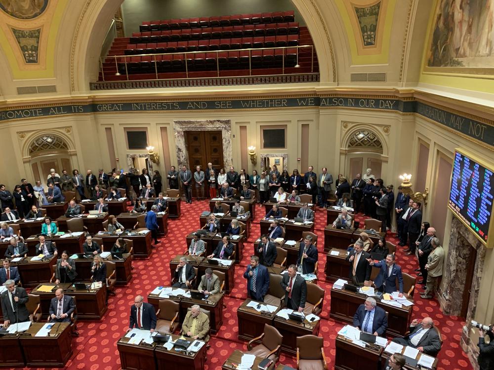 Republican state senators stood and called out points of order as the Democratic-led chamber moved to pass a vast state supplemental spending bill on the final night of the Minnesota legislative session on May 19, 2024, in St. Paul.