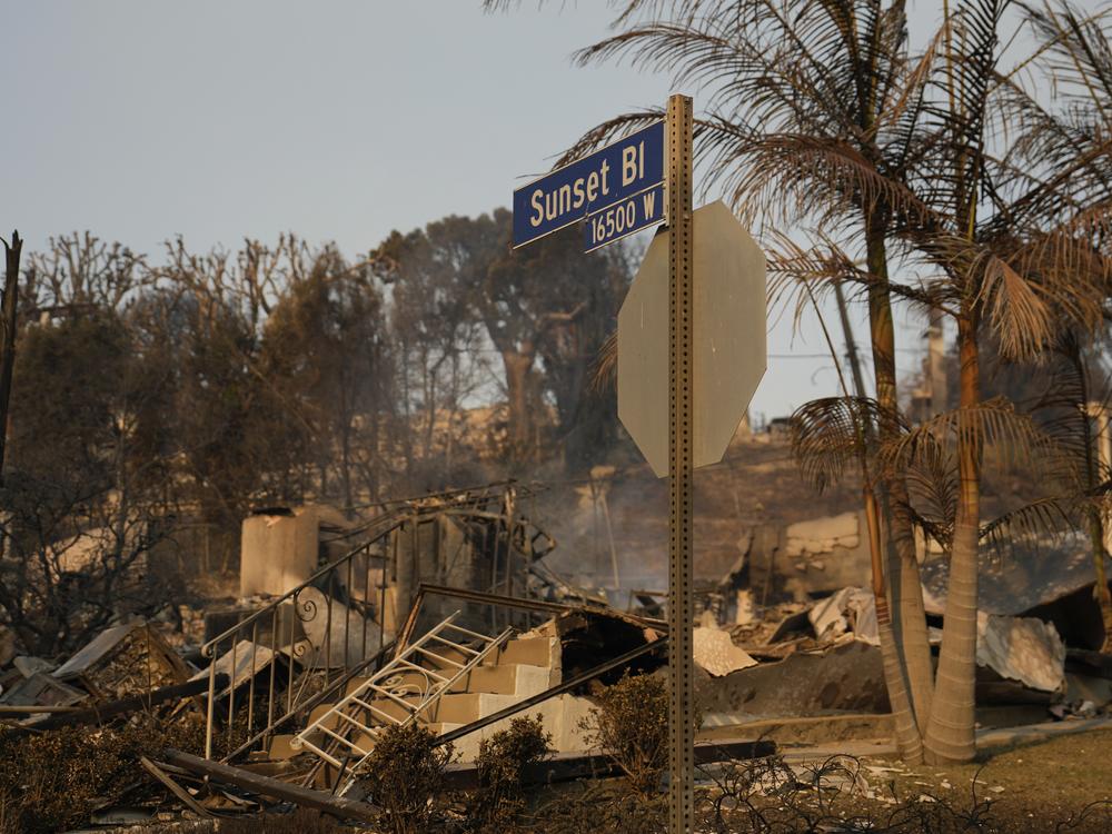 All that remains of a property on Sunset Boulevard in the Pacific Palisades neighborhood of Los Angeles, in a photo taken Friday, Jan. 10.