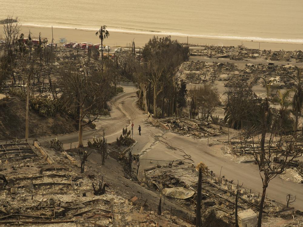 A person walks down a burned-out street in the aftermath of the Palisades Fire in the Pacific Palisades neighborhood of Los Angeles, on Saturday.