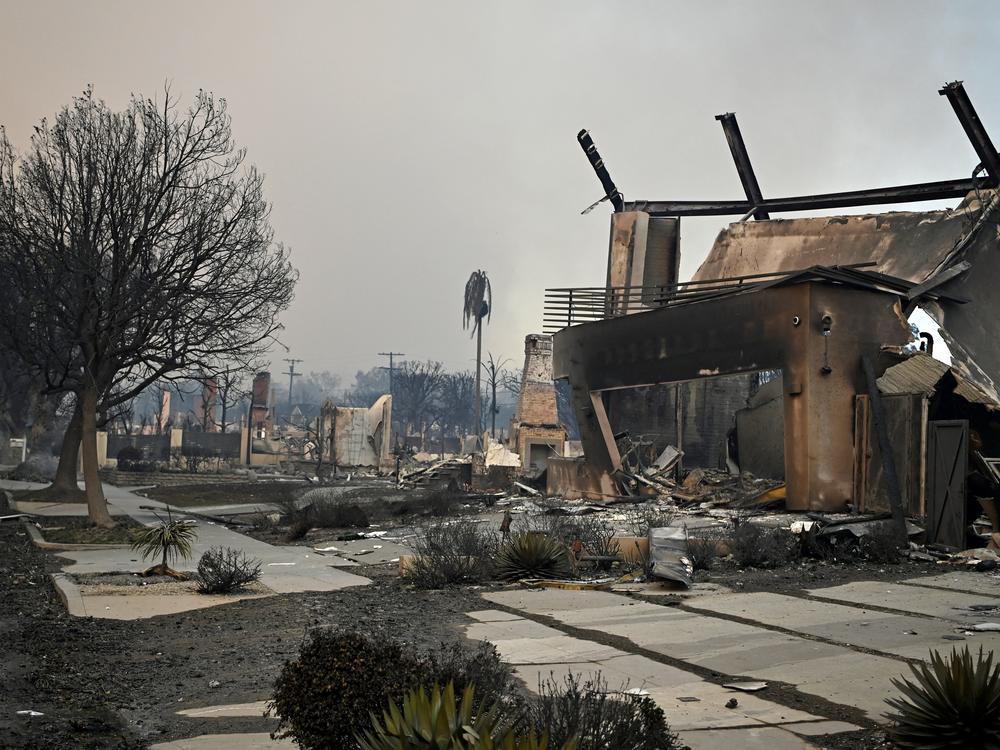 The remains of a burned home are seen after the home was destroyed by the Palisades Fire in the Pacific Palisades area of Los Angeles on Jan. 8.