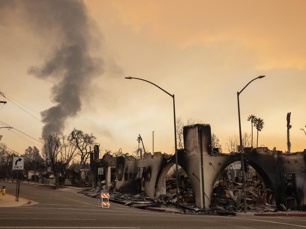 Businesses along Lake Avenue destroyed by the Eaton Fire in Altadena, California. The cause of the fire and others that broke out in Los Angeles last week are being investigated by the Bureau of Alcohol, Tobacco, Firearms and Explosives (ATF).