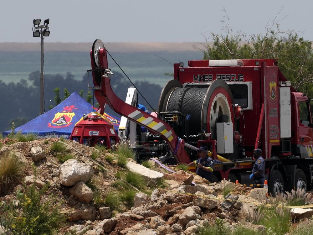Rescuers work to retrieve miners from ground in an abandoned gold mine for months, in Stilfontein, South Africa on Tuesday.