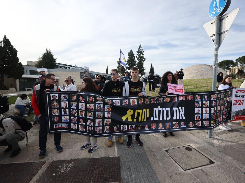 Relatives and supporters of hostages being held in the Gaza Strip rally outside Israeli Prime Minister Benjamin Netanyahu's office in Jerusalem on Jan. 14.