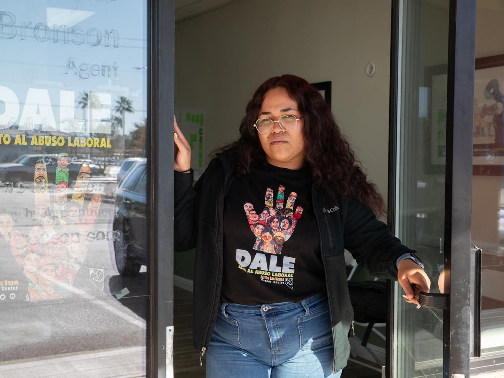 Labor organizer Karin Martinez stands in the doorway at the Arriba Las Vegas Worker Center in Las Vegas, Nev., on January 13, 2025.