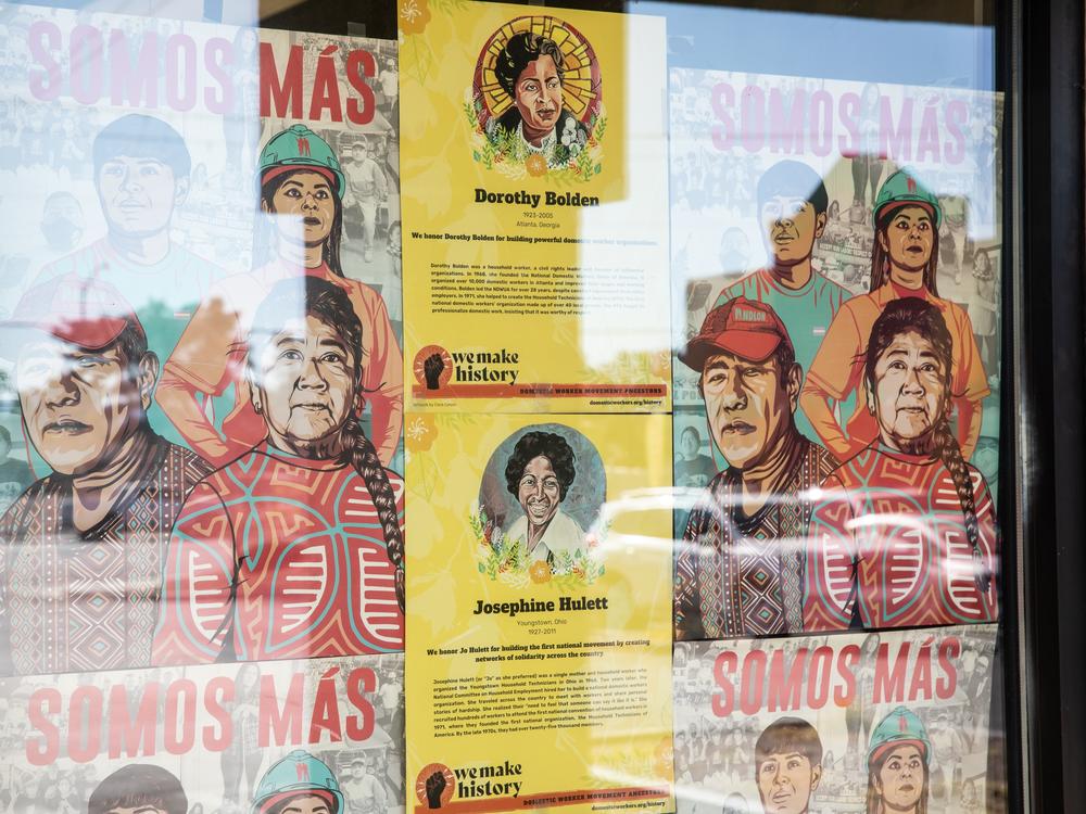 Labor posters hang in the windows of the Arriba Las Vegas Worker Center.