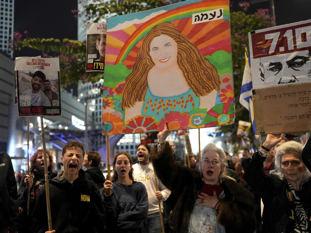 Relatives and friends of Israelis held hostage by Hamas in Gaza take part in a demonstration in Tel Aviv on Wednesday.