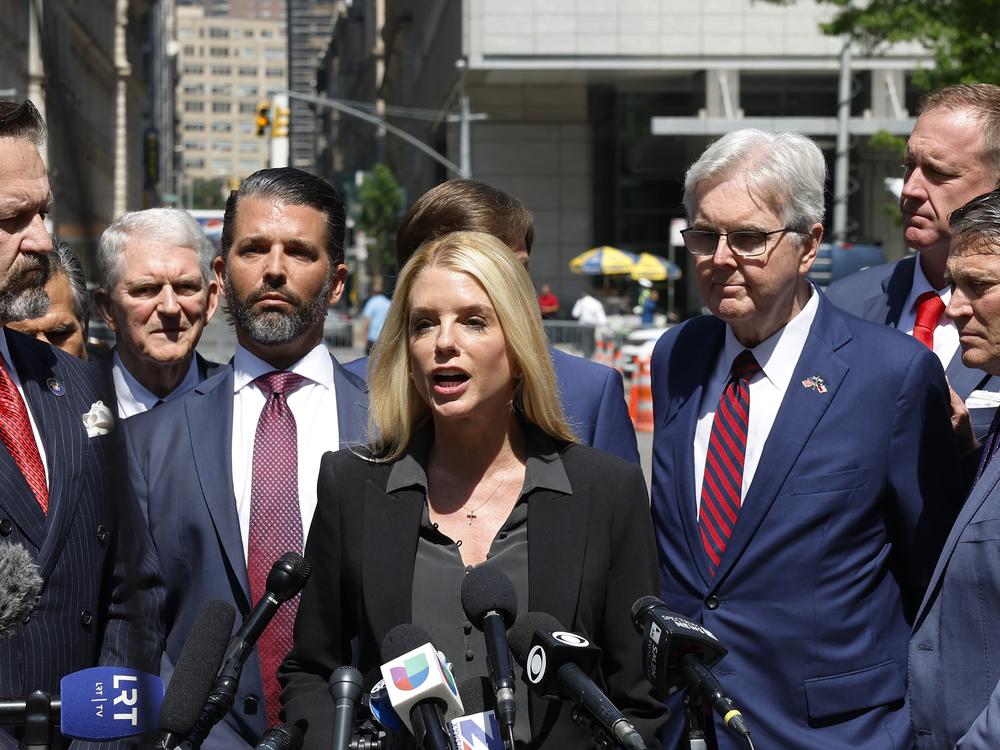 Bondi has been a fierce defender of President-elect Donald Trump. Above: In May 2024, during Trump's hush money trial in New York, Bondi spoke outside the courthouse to defend Trump.