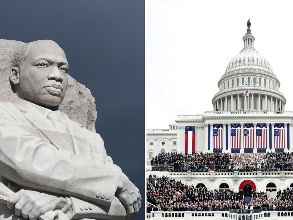 Side-by-side photos of the Martin Luther King, Jr. Memorial and Trump's 2017 inauguration, both in Washington, D.C. Almost a decade later, Trump will be sworn in for his second term on MLK Day.
