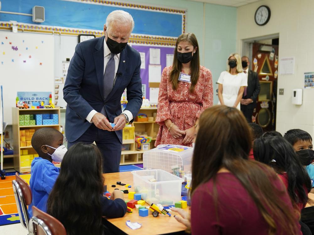 President Biden visits students at East End Elementary School, in North Plainfield, N.J., during the second year of the pandemic.