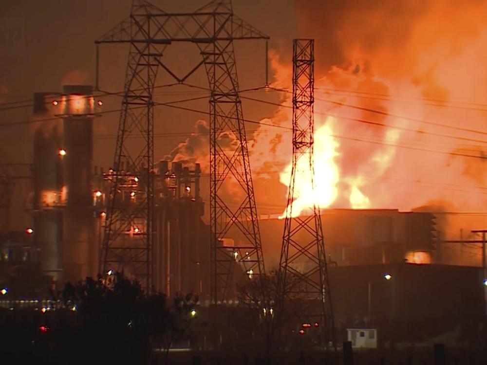 This image from video shows flames rising after a major fire erupted Thursday afternoon at the Moss Landing Power Plant, located about 77 miles south of San Francisco on Thursday.