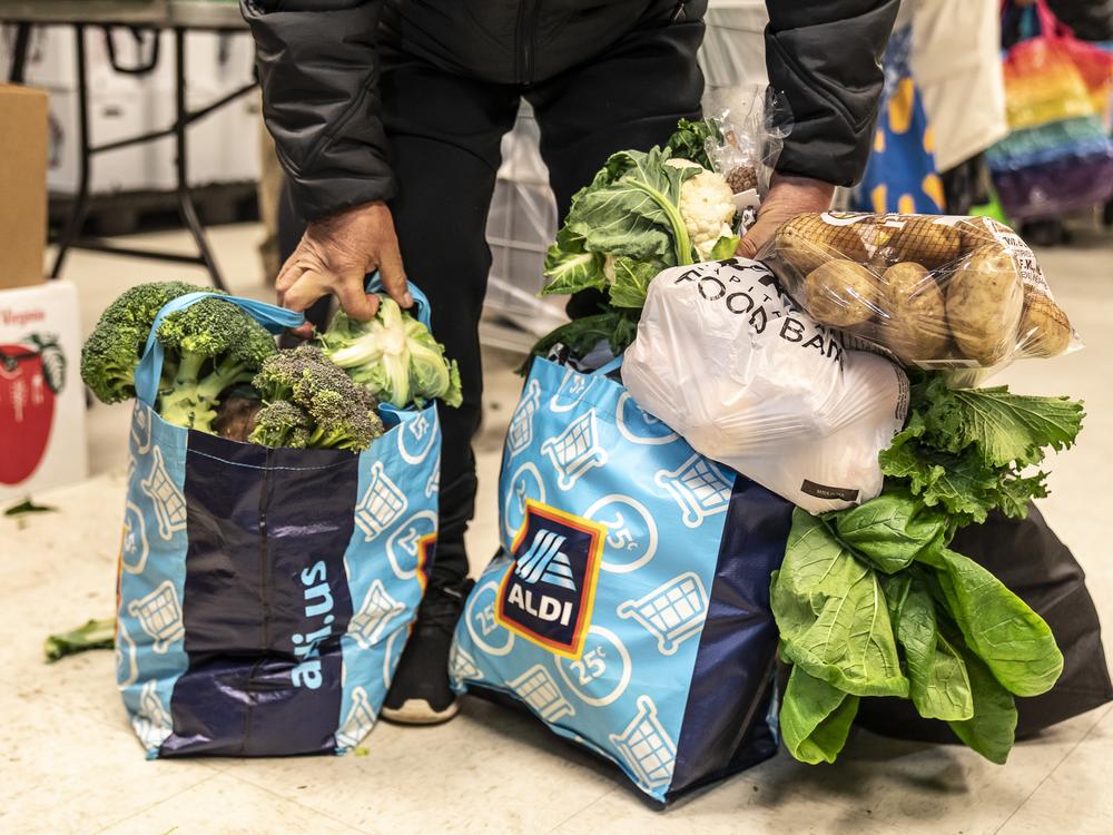 Clients fill bags or pull carts with fresh vegetables, frozen fish and chicken, and canned goods.