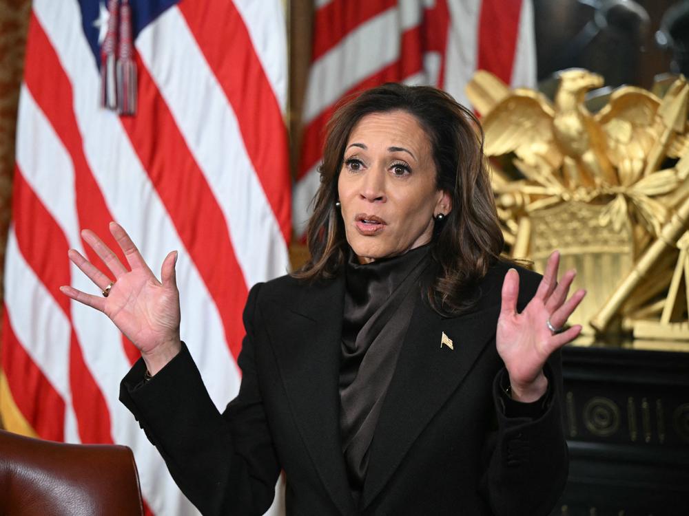 Vice President Harris speaks to her staff, former aides and friends before signing the drawer of her desk in the Vice President's Ceremonial Office at the White House on Jan. 16, 2025.