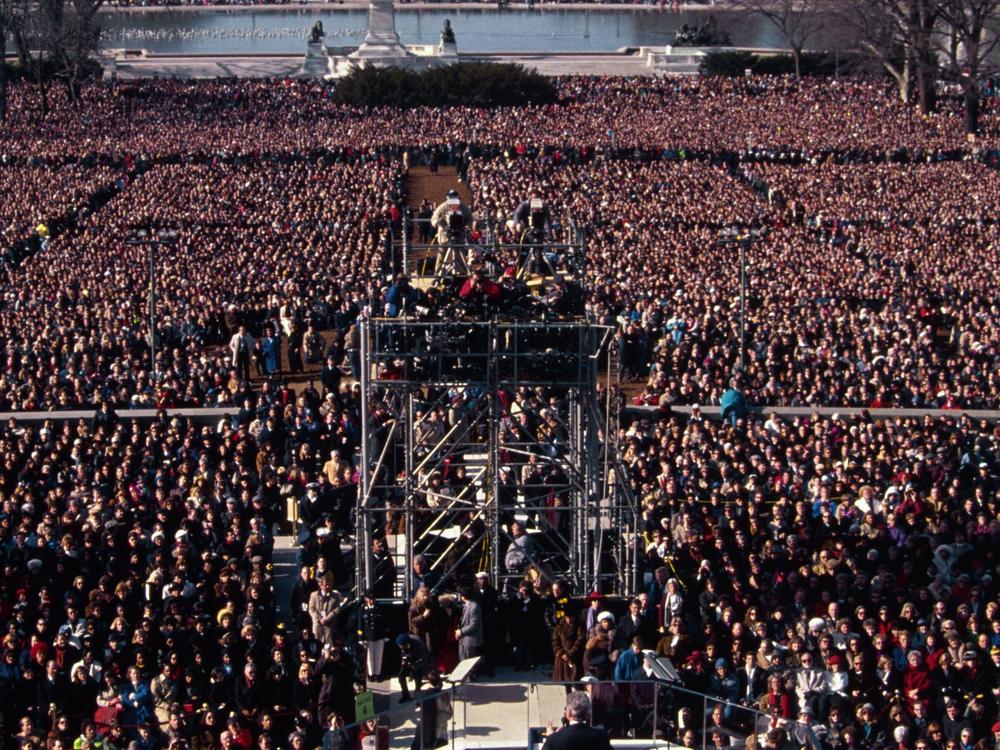 Crowds gather during the inaugural address of President Bill Clinton on Jan. 20, 1993.
