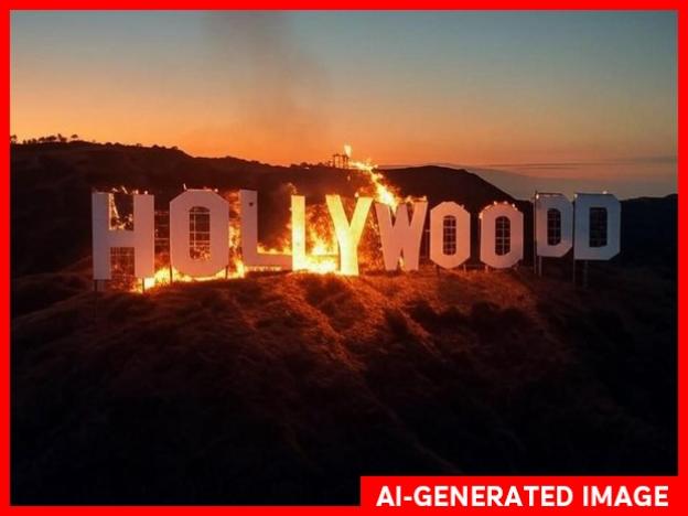 An AI-generated image depicting a fake Hollywood sign on fire. Even with 