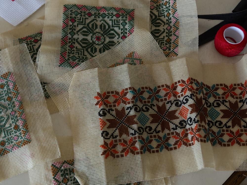 Canvas designs for tatreez embroidery, at a workshop in Beirut's Palestinian refugee camp of Shatila.