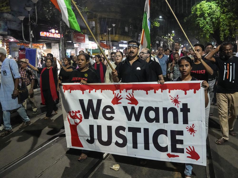 Members of the citizen forum including doctors walk in a rally protesting a rape and murder of a resident doctor in a government hospital early August, in Kolkata, India, on Oct. 1, 2024.