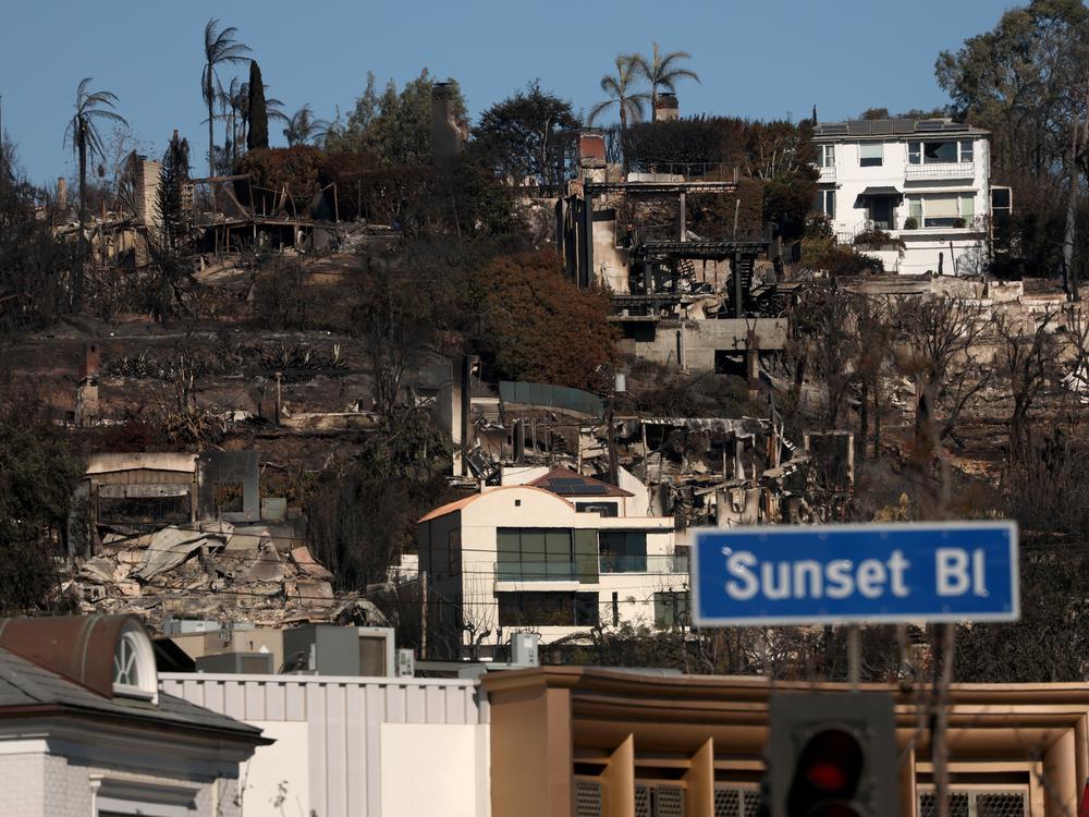 Private firefighting crews hired by insurers and others are raising big ethical questions amid the California wildfires. Pictured here is a snapshot of the devastating impact in Sunset Boulevard in Pacific Palisades, Calif., on Jan. 14, 2025.