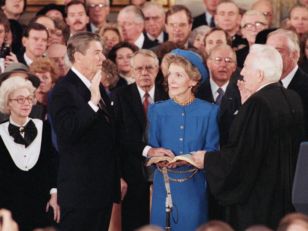President Ronald Reagan is sworn in by Chief Justice Warren Burger in an Inauguration ceremony in the Capitol Rotunda in Washington, D.C., on Jan. 21, 1985.