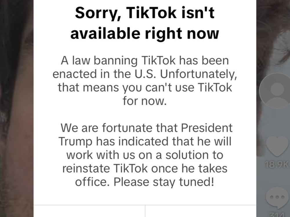 The pop-up message millions of users across the U.S. received when they tried to open TikTok on Saturday night, hours before a ban law was set to take effect.