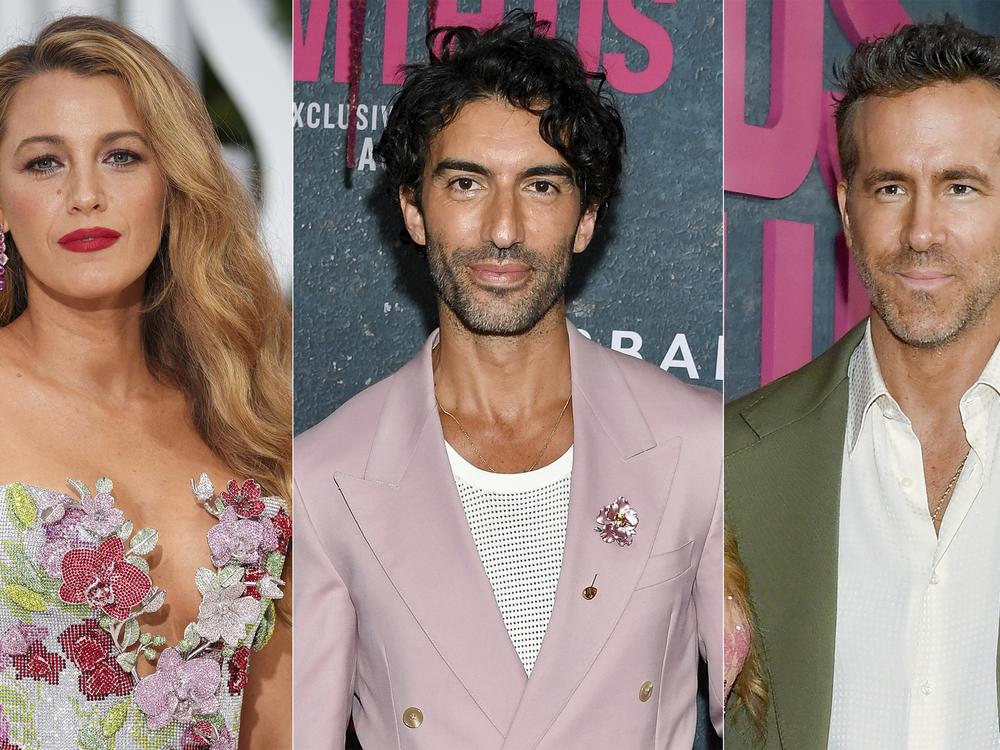 Blake Lively at a London screening of the film <em>It Ends With Us</em> in August, left; Justin Baldoni, center, and Ryan Reynolds, right, in separate photos at the premiere of the film in New York.