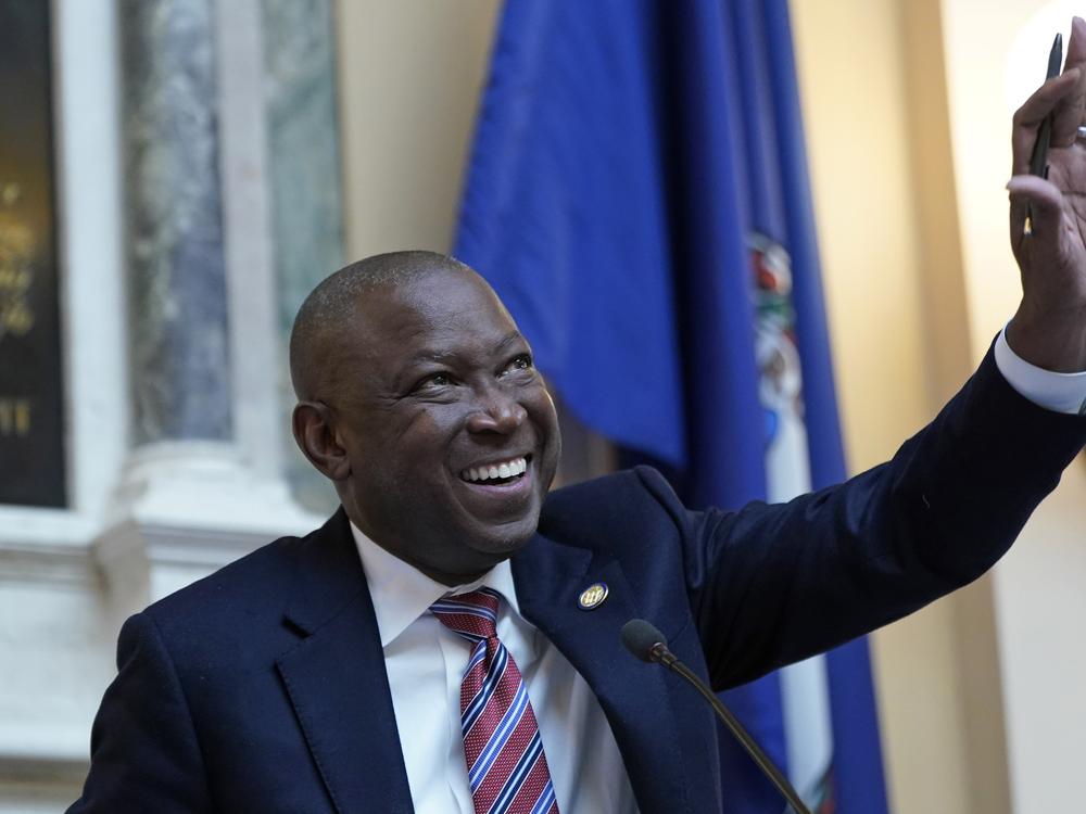 Virginia House of Delegates speaker, Del. Don Scott, D-Portsmouth, waves to family in the gallery during the opening of the 2024 session of the Virginia General Assembly at the Capitol on Jan. 10, 2024, in Richmond, Va.