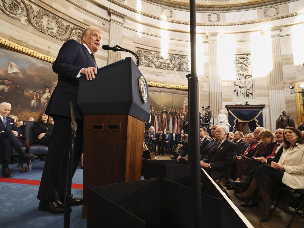 President Donald Trump speaks during the 60th Presidential Inauguration on Monday.