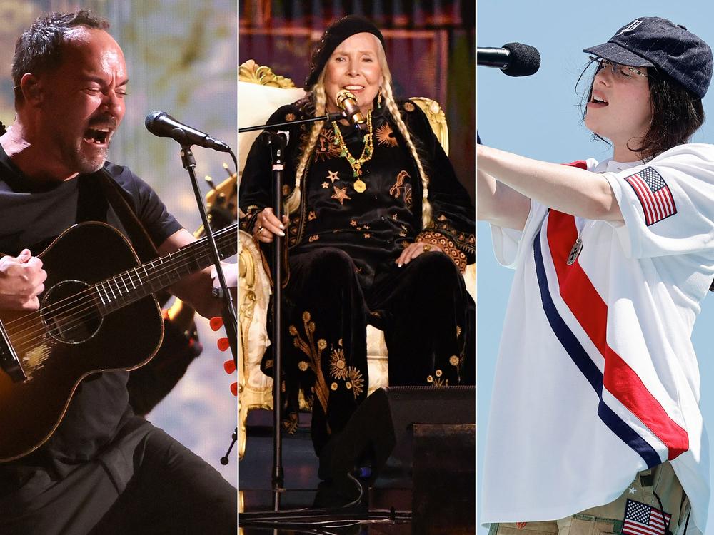 Dave Matthews (from left), Joni Mitchell and Billie Eilish are just some of the musicians performing at the Jan. 30 FireAid benefit concert in Los Angeles in support of those impacted by the Southern California wildfires.